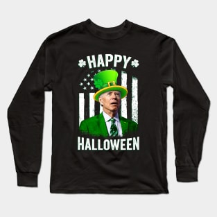 Biden St Patricks Day Happy Halloween Irish American Flag Long Sleeve T-Shirt